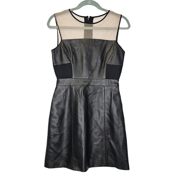 Wai Ming 2 Black Leather Perforated Sheath Dress Sheer Mesh Sleeveless Career - Picture 1 of 5